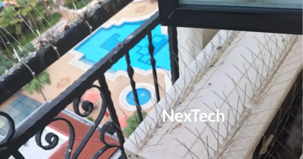 Professional bird spikes installation on HDB ledge overlooking condo pool